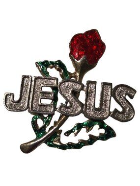 Jesus Rose Lapel Pin Brooch Red Green Enamel Accents Religious Fashion Jewelry
